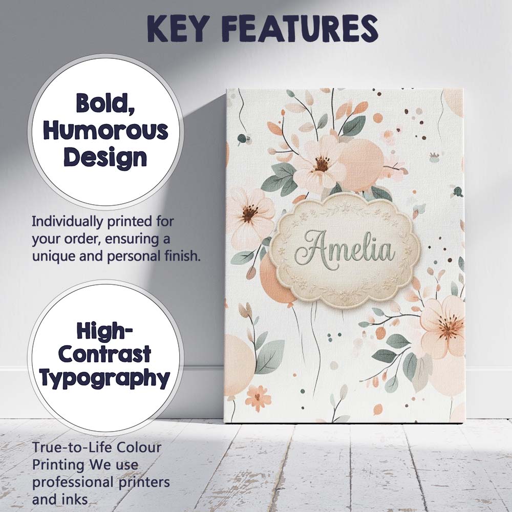 Personalised Name Soft Pastel Flowers Custom Modern Room Accent Creative Decorator Style Canvas Wall Art Print Decor Picture Ready to Hang