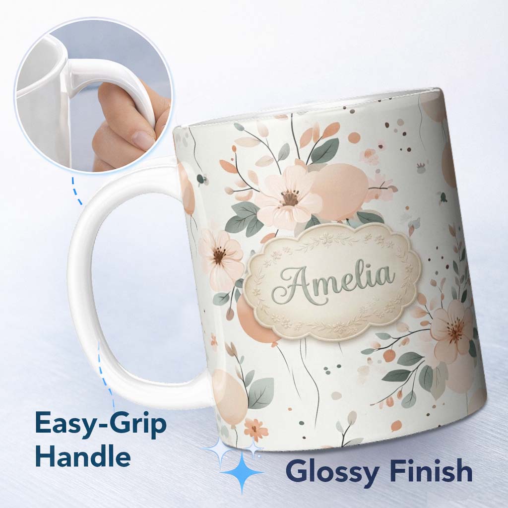 Personalized Custom Name Soft Pastel Flowers Abstract Shapes Seamless Pattern Name Cute 11oz Ceramic Coffee Tea Mug White Large Handle
