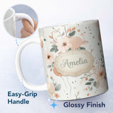 Personalized Custom Name Soft Pastel Flowers Abstract Shapes Seamless Pattern Name Cute 11oz Ceramic Coffee Tea Mug White Large Handle