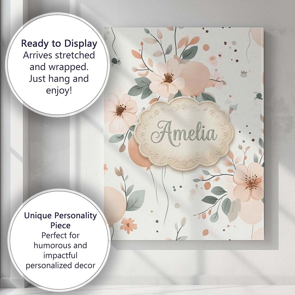 Personalised Name Soft Pastel Flowers Custom Modern Room Accent Creative Decorator Style Canvas Wall Art Print Decor Picture Ready to Hang