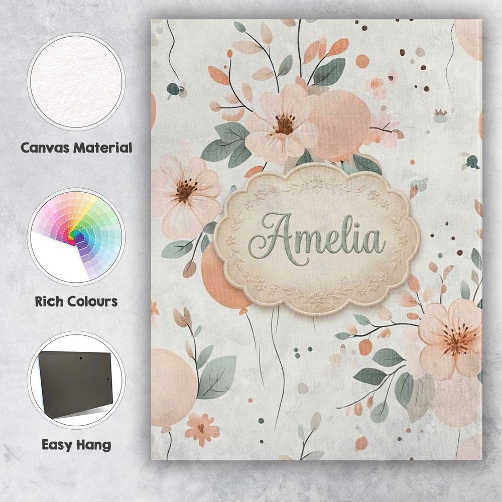 Personalised Name Soft Pastel Flowers Custom Modern Room Accent Creative Decorator Style Canvas Wall Art Print Decor Picture Ready to Hang