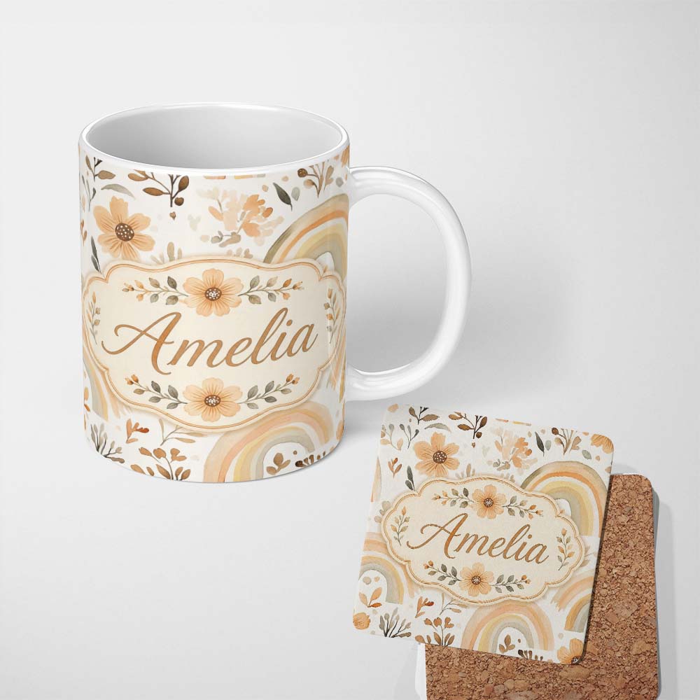 Personalized Custom Name Boho Neutral Rainbow Floral Seamless Pattern Name Cute Unique Gift 11oz Ceramic Coffee Tea Mug White Large Handle