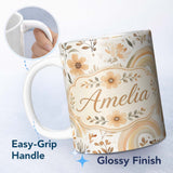 Personalized Custom Name Boho Neutral Rainbow Floral Seamless Pattern Name Cute Unique Gift 11oz Ceramic Coffee Tea Mug White Large Handle