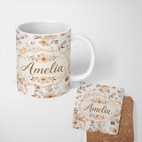 Personalized Custom Name Vintage Floral Hot Air Balloon Seamless Pattern Name Cute Unique 11oz Ceramic Coffee Tea Mug White Large Handle