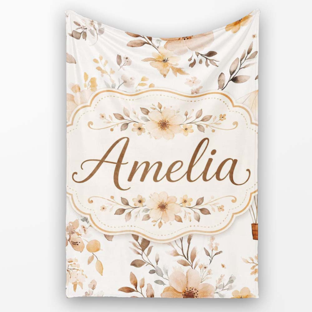 Vintage Floral Hot Air Balloon Seamless Pattern Name Cute Unique  Personalised Custom Name Super Soft Fleece Blanket Bed Sofa Throw