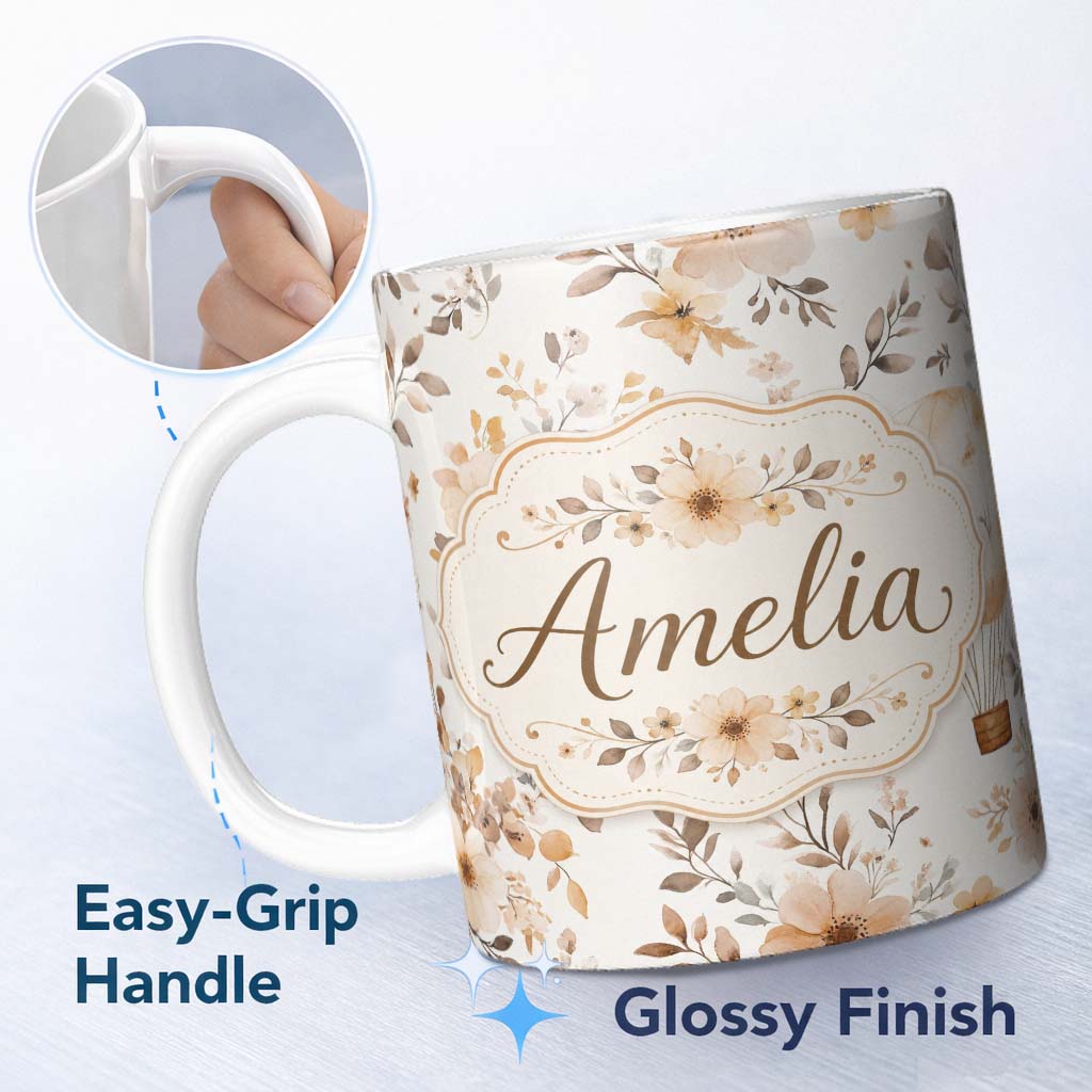 Personalized Custom Name Vintage Floral Hot Air Balloon Seamless Pattern Name Cute Unique 11oz Ceramic Coffee Tea Mug White Large Handle