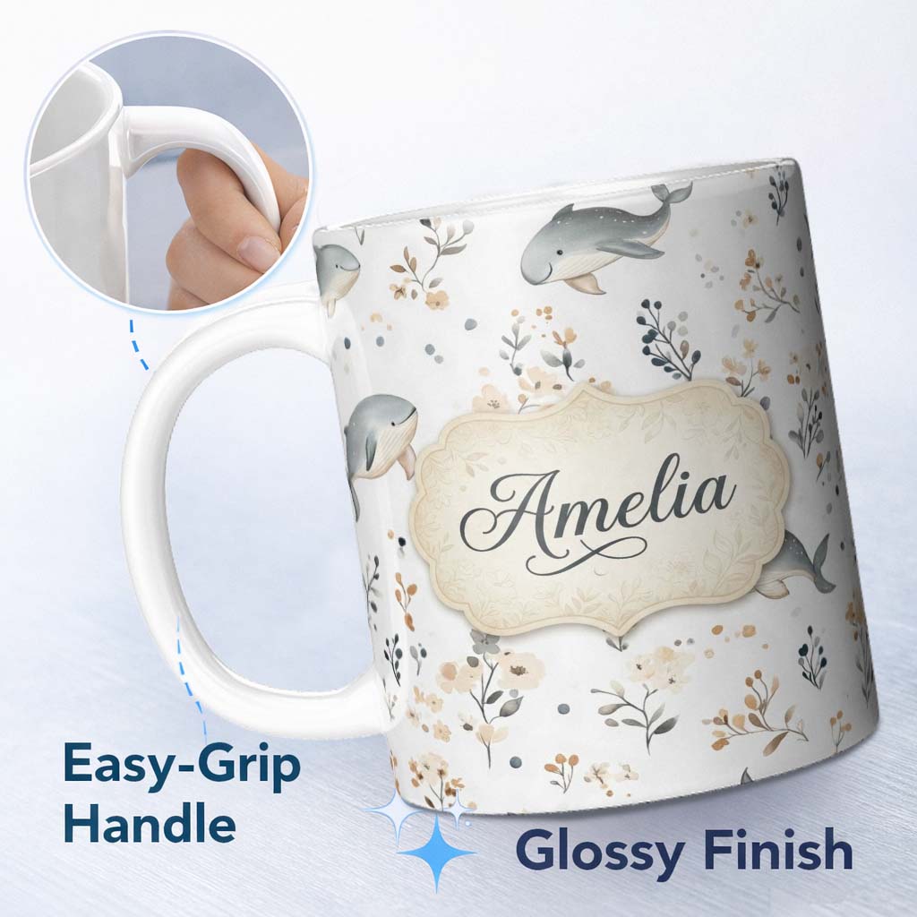 Personalized Custom Name Cute Whales Ocean Floral Minimal Seamless Pattern Name Unique Gift 11oz Ceramic Coffee Tea Mug White Large Handle