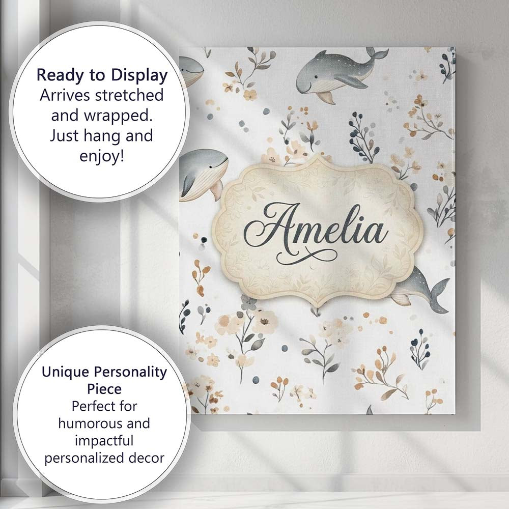 Personalised Name Cute Whales Ocean Floral Custom  Unique Gift Idea Elegant Feature Canvas Wall Art Print Decor Picture Ready to Hang