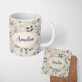 Personalized Custom Name Cute Woodland Mushrooms Floral Seamless Pattern Name Unique Gift 11oz Ceramic Coffee Tea Mug White Large Handle