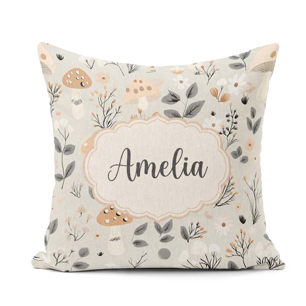 Custom Name Cute Woodland Mushrooms Floral Seamless Pattern Name Square Filled Cushion Throw Pillow Sofa Bed Home Decor Zip Washable UK Made