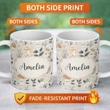 Personalized Custom Name Cute Woodland Mushrooms Floral Seamless Pattern Name Unique Gift 11oz Ceramic Coffee Tea Mug White Large Handle
