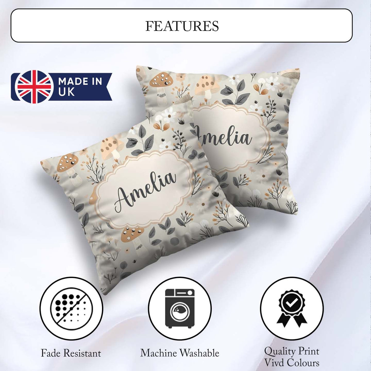 Custom Name Cute Woodland Mushrooms Floral Seamless Pattern Name Square Filled Cushion Throw Pillow Sofa Bed Home Decor Zip Washable UK Made