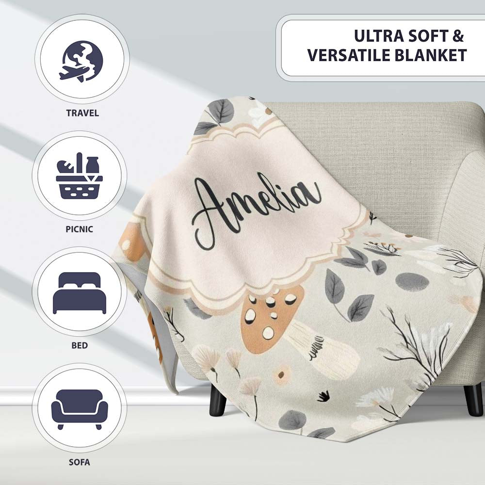 Cute Woodland Mushrooms Floral Seamless Pattern Name Unique Gift  Personalised Custom Name Super Soft Fleece Blanket Bed Sofa Throw