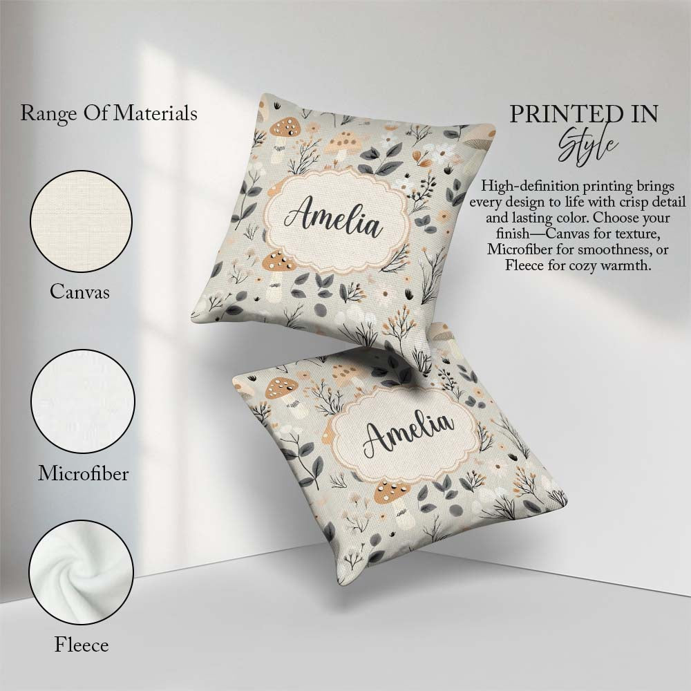 Custom Name Cute Woodland Mushrooms Floral Seamless Pattern Name Square Filled Cushion Throw Pillow Sofa Bed Home Decor Zip Washable UK Made