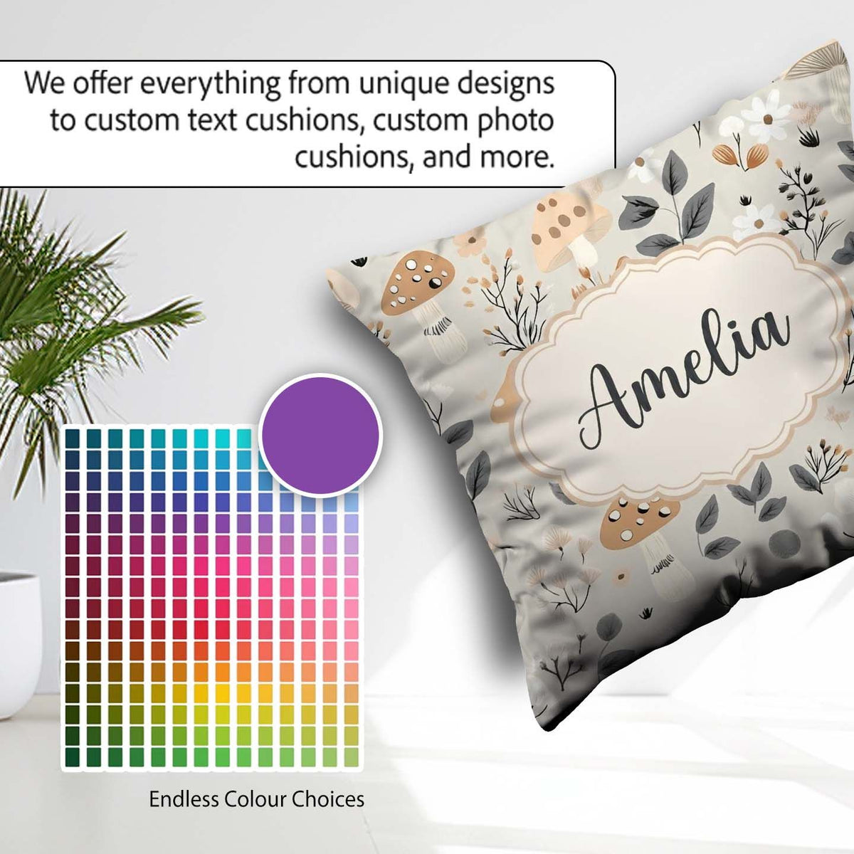 Custom Name Cute Woodland Mushrooms Floral Seamless Pattern Name Square Filled Cushion Throw Pillow Sofa Bed Home Decor Zip Washable UK Made