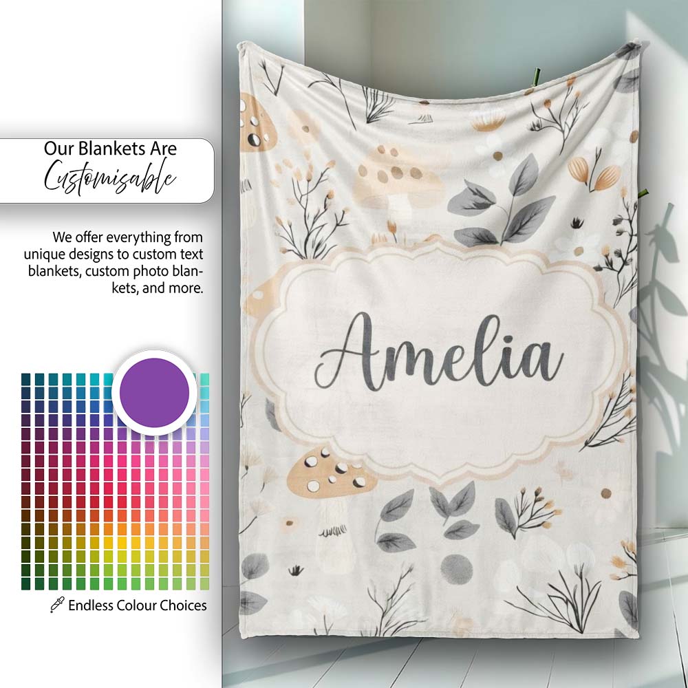 Cute Woodland Mushrooms Floral Seamless Pattern Name Unique Gift  Personalised Custom Name Super Soft Fleece Blanket Bed Sofa Throw