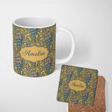 Personalized Custom Name Art Nouveau Floral Blue Yellow Seamless Pattern Name Cute Unique 11oz Ceramic Coffee Tea Mug White Large Handle