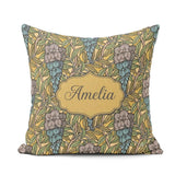 Custom Name Art Nouveau Floral Blue Yellow Seamless Pattern Name Square Filled Cushion Throw Pillow Sofa Bed Home Decor Zip Washable UK Made