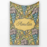 Art Nouveau Floral Blue Yellow Seamless Pattern Name Cute Unique  Personalised Custom Name Super Soft Fleece Blanket Bed Sofa Throw
