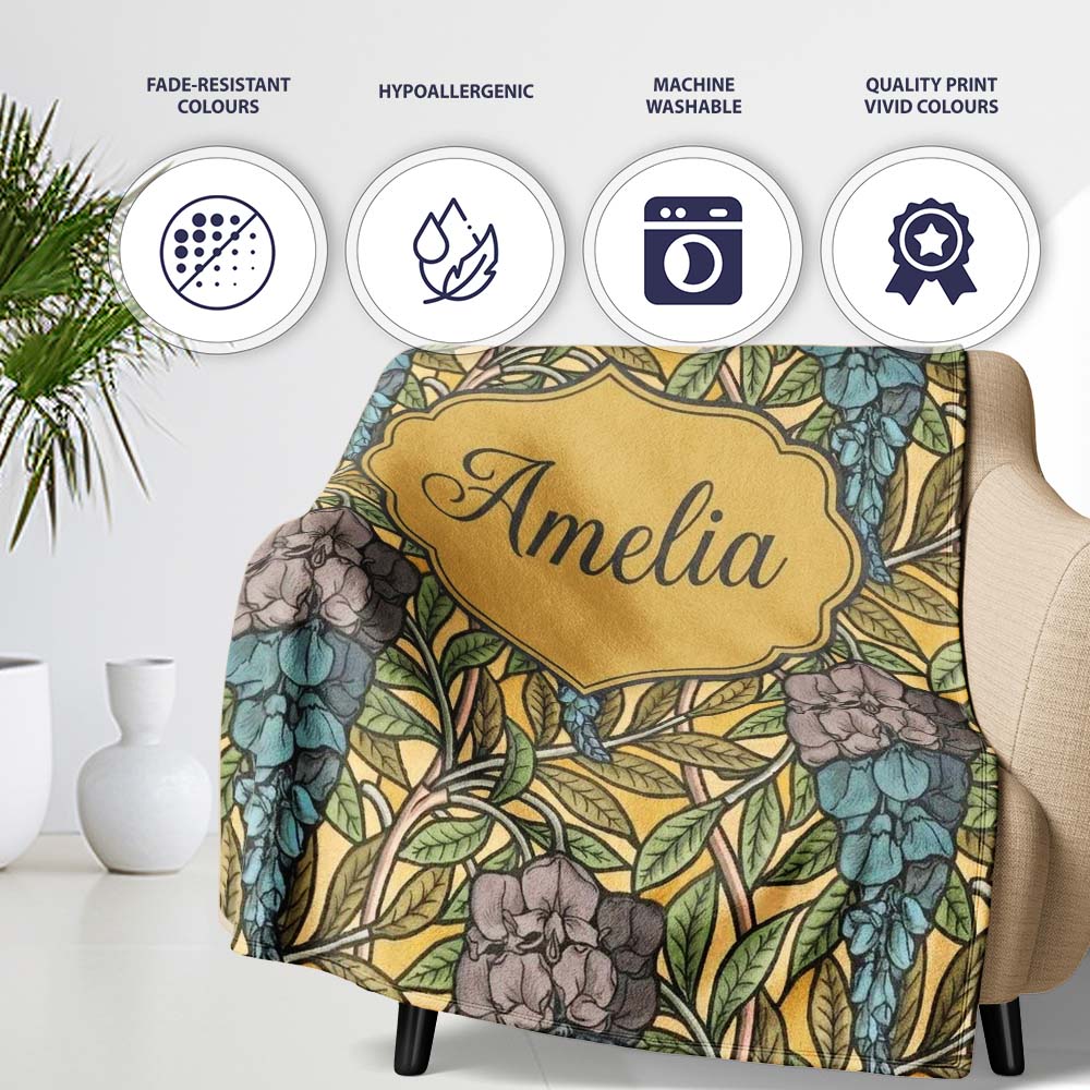 Art Nouveau Floral Blue Yellow Seamless Pattern Name Cute Unique  Personalised Custom Name Super Soft Fleece Blanket Bed Sofa Throw