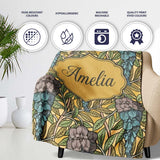 Art Nouveau Floral Blue Yellow Seamless Pattern Name Cute Unique  Personalised Custom Name Super Soft Fleece Blanket Bed Sofa Throw