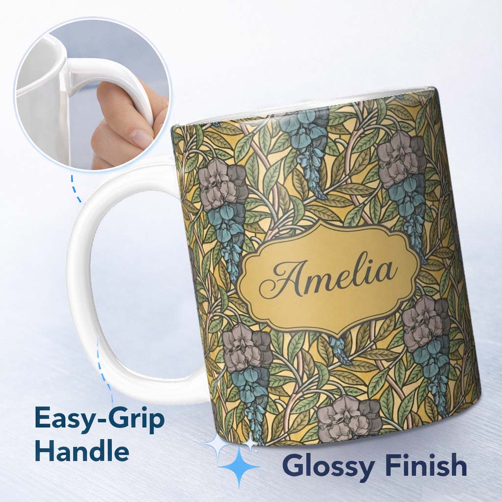Personalized Custom Name Art Nouveau Floral Blue Yellow Seamless Pattern Name Cute Unique 11oz Ceramic Coffee Tea Mug White Large Handle