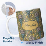 Personalized Custom Name Art Nouveau Floral Blue Yellow Seamless Pattern Name Cute Unique 11oz Ceramic Coffee Tea Mug White Large Handle