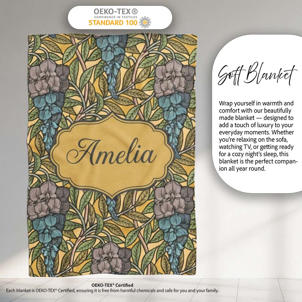 Art Nouveau Floral Blue Yellow Seamless Pattern Name Cute Unique  Personalised Custom Name Super Soft Fleece Blanket Bed Sofa Throw