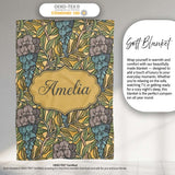 Art Nouveau Floral Blue Yellow Seamless Pattern Name Cute Unique  Personalised Custom Name Super Soft Fleece Blanket Bed Sofa Throw