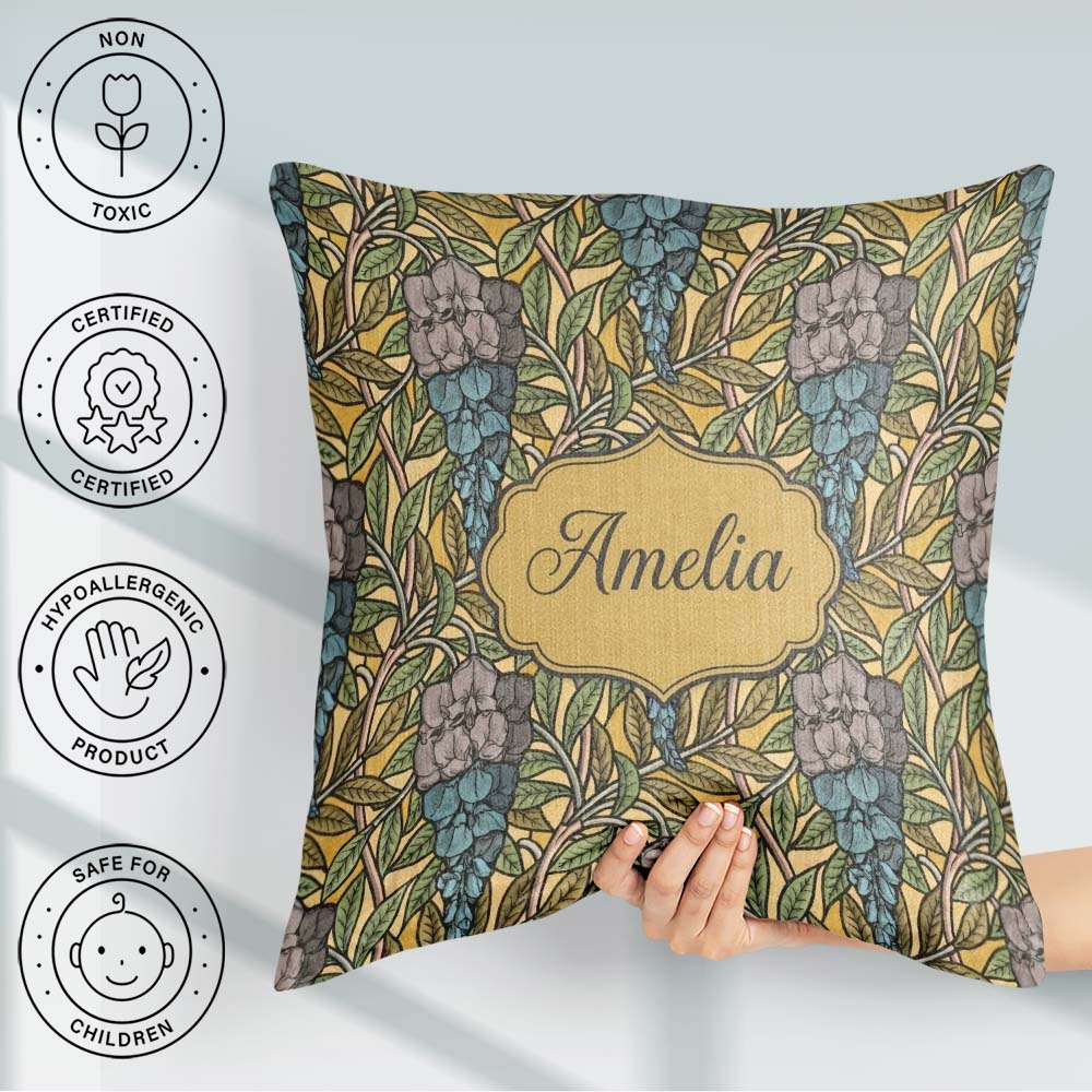 Custom Name Art Nouveau Floral Blue Yellow Seamless Pattern Name Square Filled Cushion Throw Pillow Sofa Bed Home Decor Zip Washable UK Made
