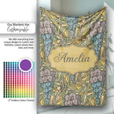 Art Nouveau Floral Blue Yellow Seamless Pattern Name Cute Unique  Personalised Custom Name Super Soft Fleece Blanket Bed Sofa Throw