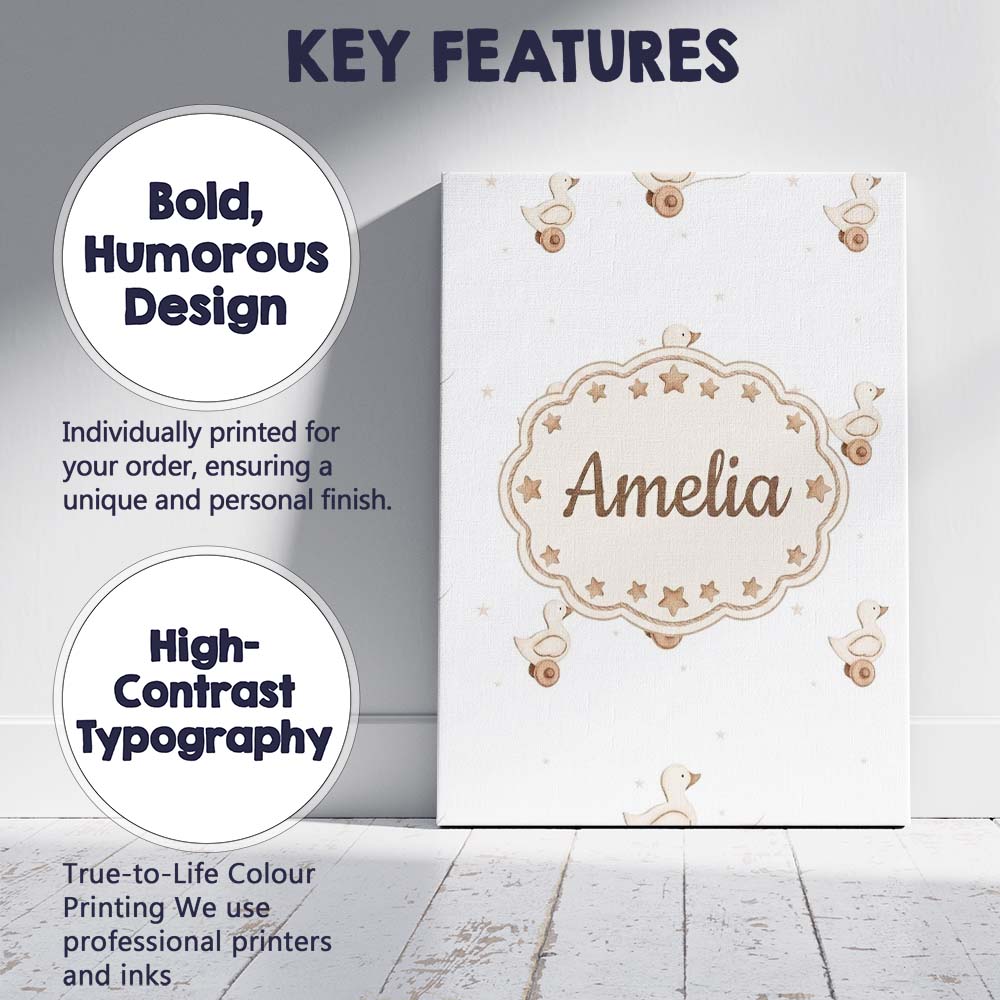 Personalised Name Cute Wooden Duck Toy Custom  Modern Room Accent Elegant Feature Canvas Wall Art Print Decor Picture Ready to Hang