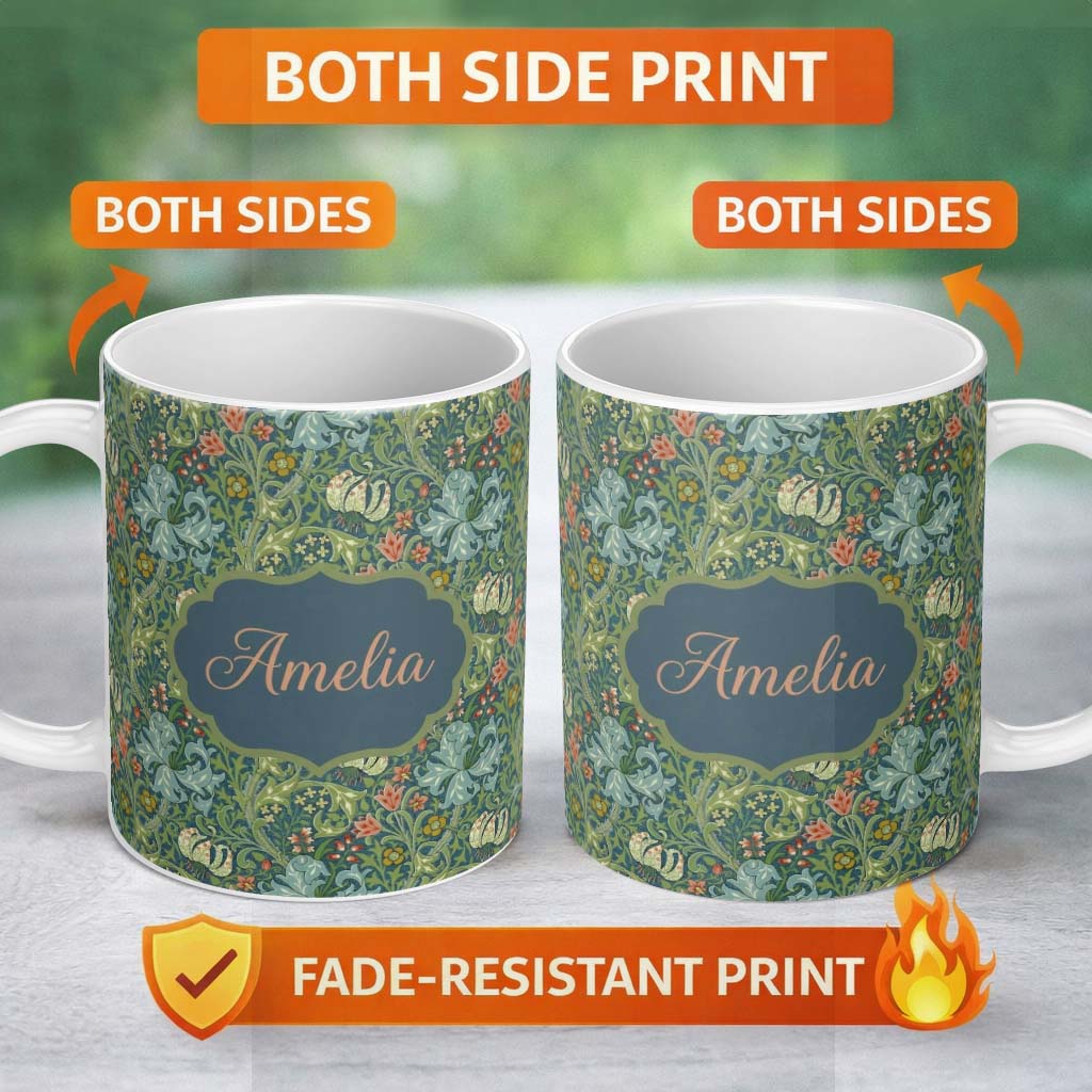 Personalized Custom Name Vintage William Morris Style Floral Seamless Pattern Name Cute 11oz Ceramic Coffee Tea Mug White Large Handle