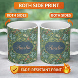 Personalized Custom Name Vintage William Morris Style Floral Seamless Pattern Name Cute 11oz Ceramic Coffee Tea Mug White Large Handle