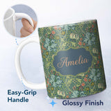 Personalized Custom Name Vintage William Morris Style Floral Seamless Pattern Name Cute 11oz Ceramic Coffee Tea Mug White Large Handle
