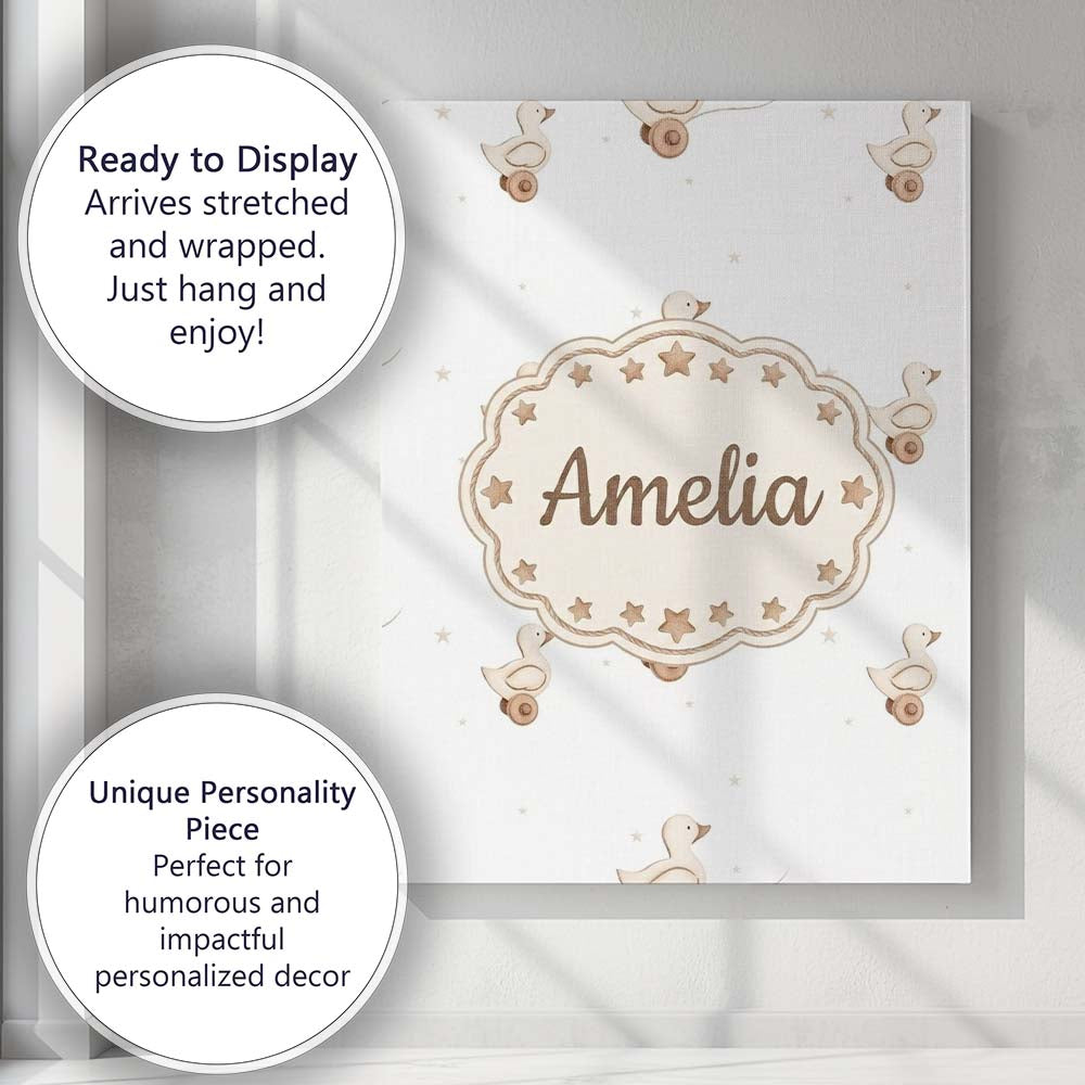 Personalised Name Cute Wooden Duck Toy Custom  Modern Room Accent Elegant Feature Canvas Wall Art Print Decor Picture Ready to Hang