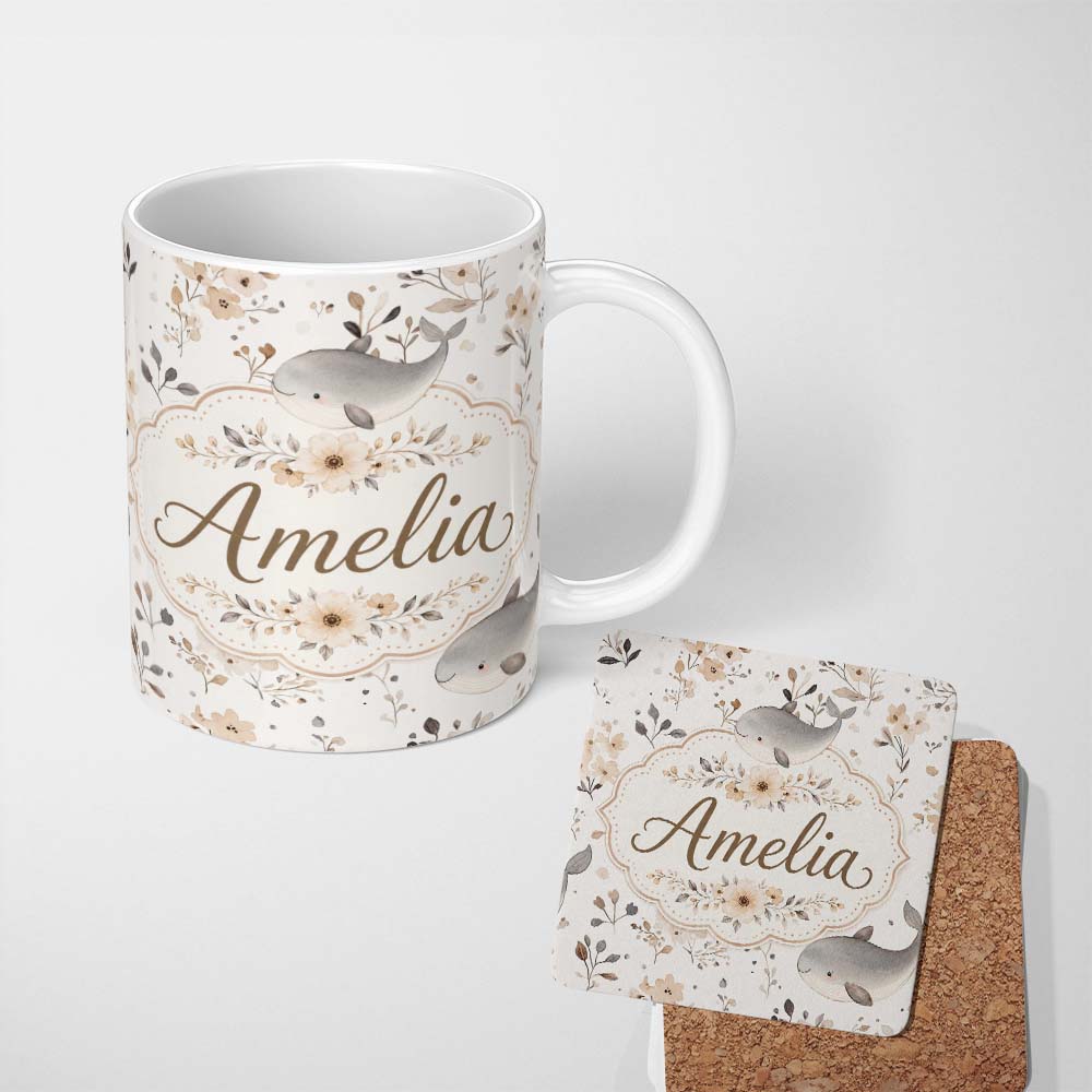 Personalized Custom Name Cute Baby Whale Neutral Floral Seamless Pattern Name Unique Gift 11oz Ceramic Coffee Tea Mug White Large Handle