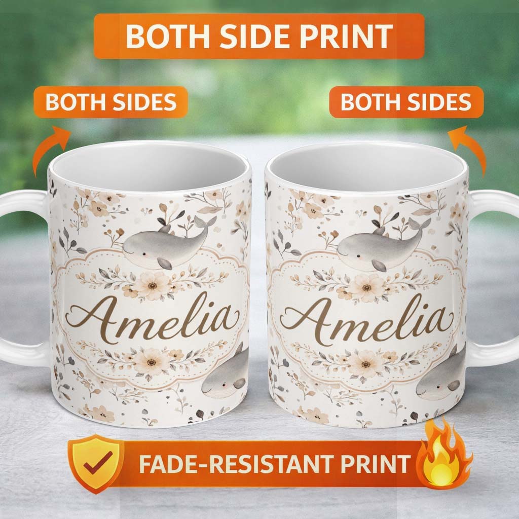 Personalized Custom Name Cute Baby Whale Neutral Floral Seamless Pattern Name Unique Gift 11oz Ceramic Coffee Tea Mug White Large Handle