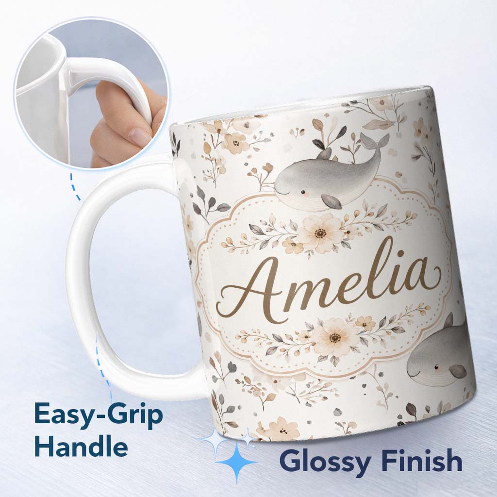 Personalized Custom Name Cute Baby Whale Neutral Floral Seamless Pattern Name Unique Gift 11oz Ceramic Coffee Tea Mug White Large Handle