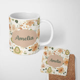 Personalized Custom Name Cute Avocado Floral Pastel Seamless Pattern Custom Name Unique Gift 11oz Ceramic Coffee Tea Mug White Large Handle