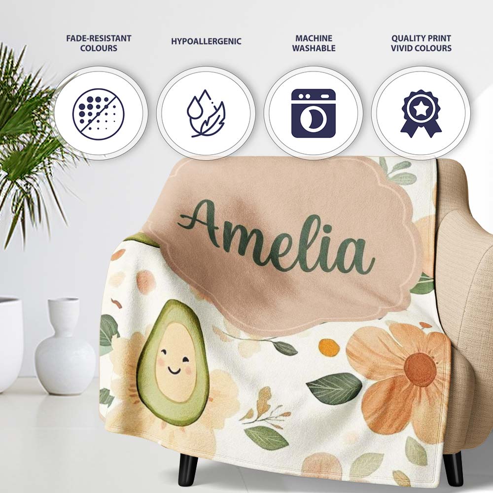 Cute Avocado Floral Pastel Seamless Pattern  Unique Gift  Personalised Custom Name Super Soft Fleece Blanket Bed Sofa Throw
