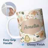 Personalized Custom Name Cute Avocado Floral Pastel Seamless Pattern Custom Name Unique Gift 11oz Ceramic Coffee Tea Mug White Large Handle
