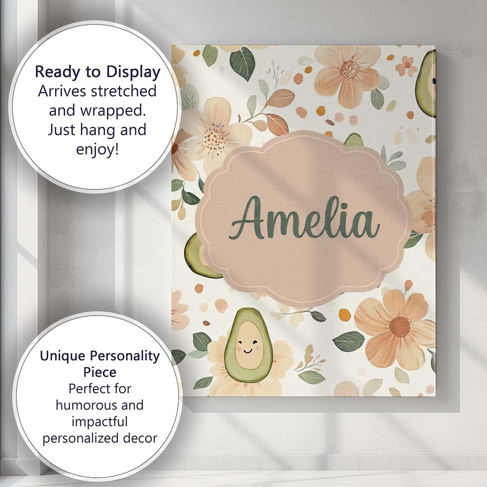 Personalised Name Cute Avocado Floral Custom Modern Room Accent Creative Decorator Style Canvas Wall Art Print Decor Picture Ready to Hang