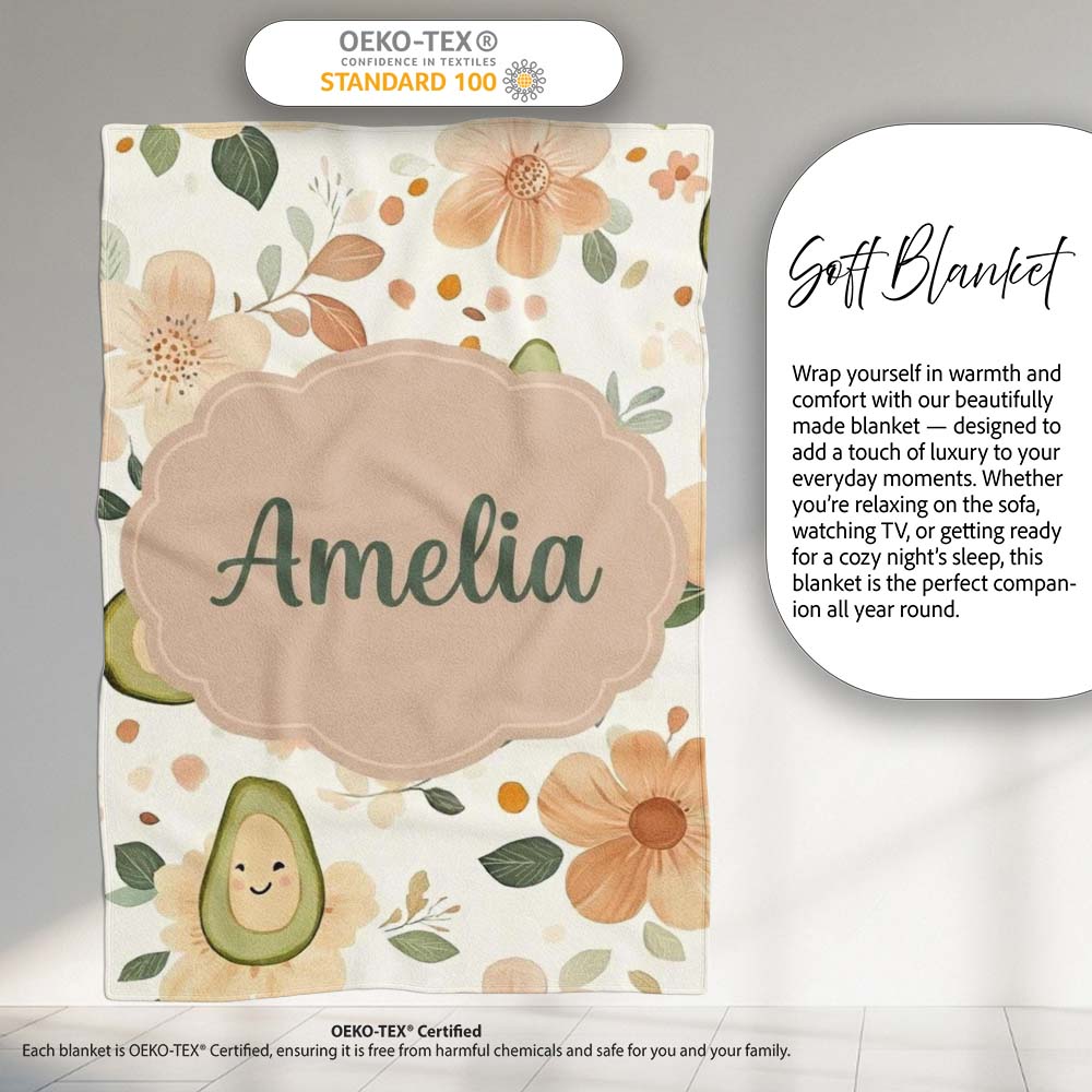 Cute Avocado Floral Pastel Seamless Pattern  Unique Gift  Personalised Custom Name Super Soft Fleece Blanket Bed Sofa Throw