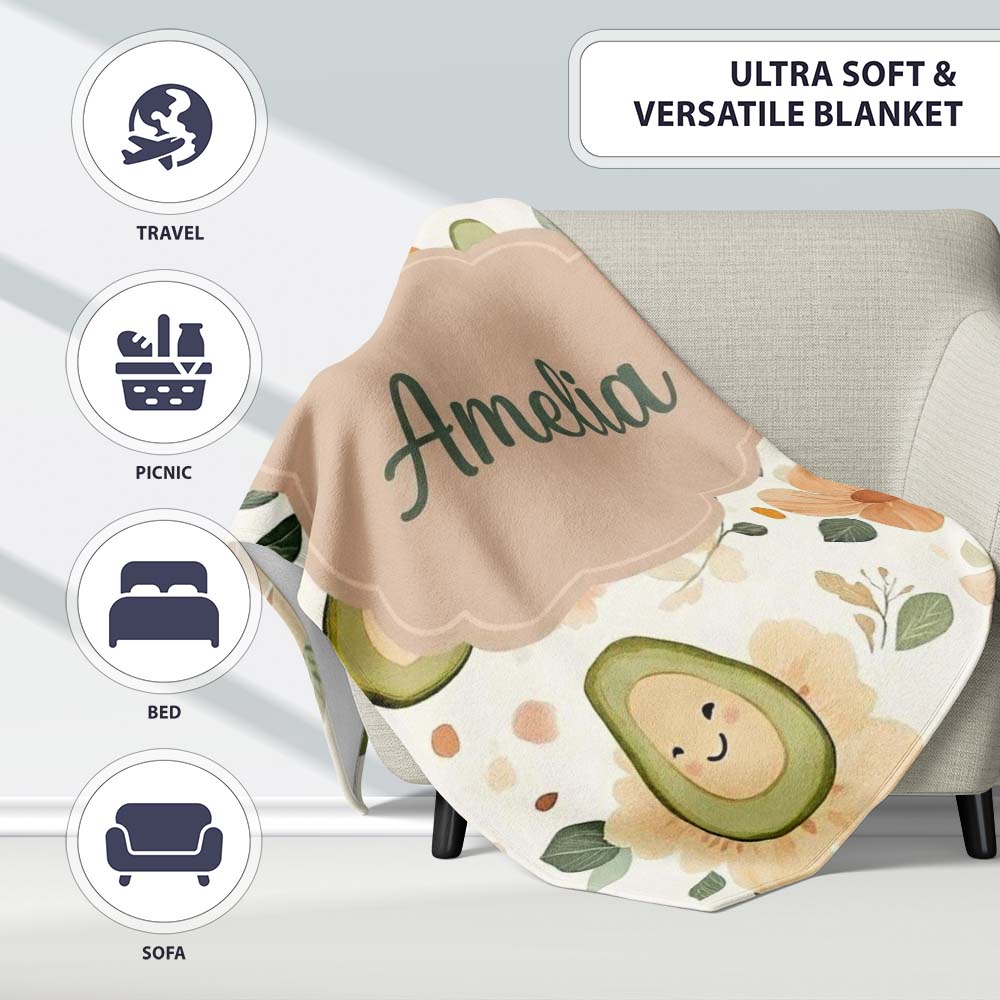 Cute Avocado Floral Pastel Seamless Pattern  Unique Gift  Personalised Custom Name Super Soft Fleece Blanket Bed Sofa Throw