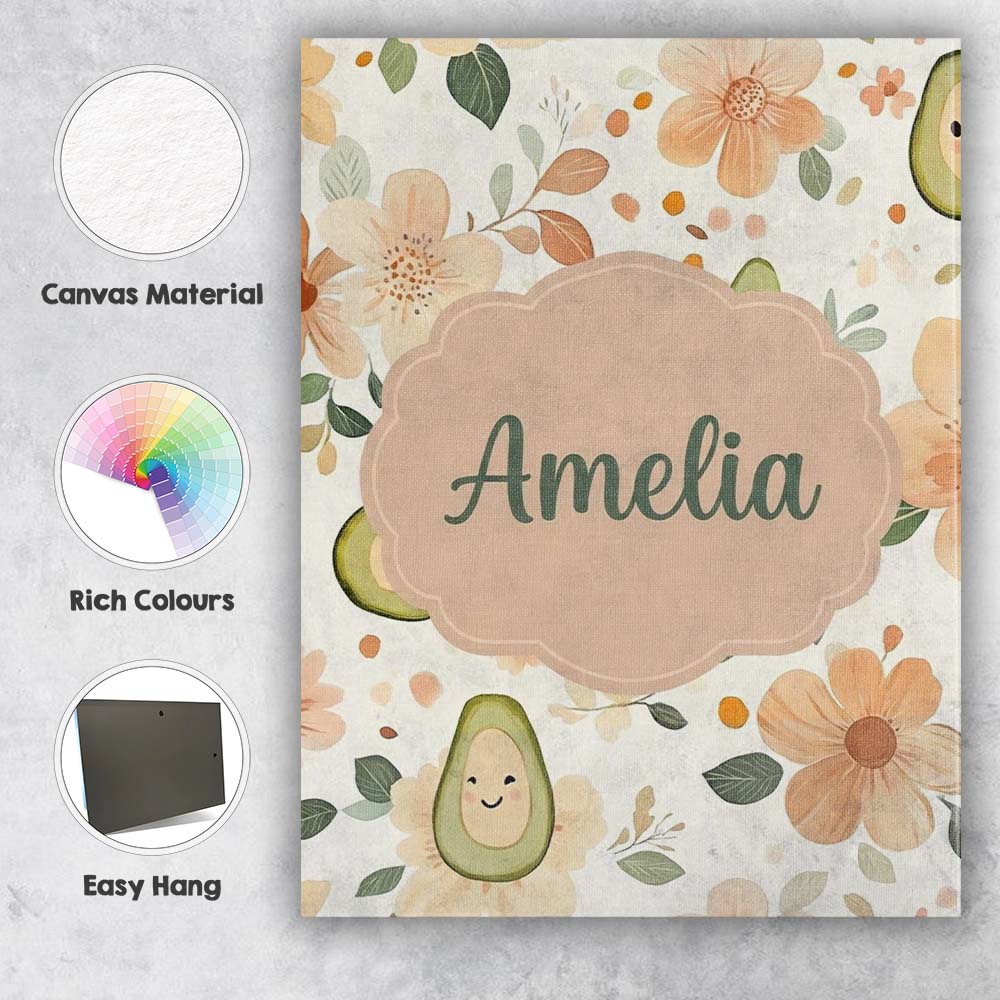 Personalised Name Cute Avocado Floral Custom Modern Room Accent Creative Decorator Style Canvas Wall Art Print Decor Picture Ready to Hang