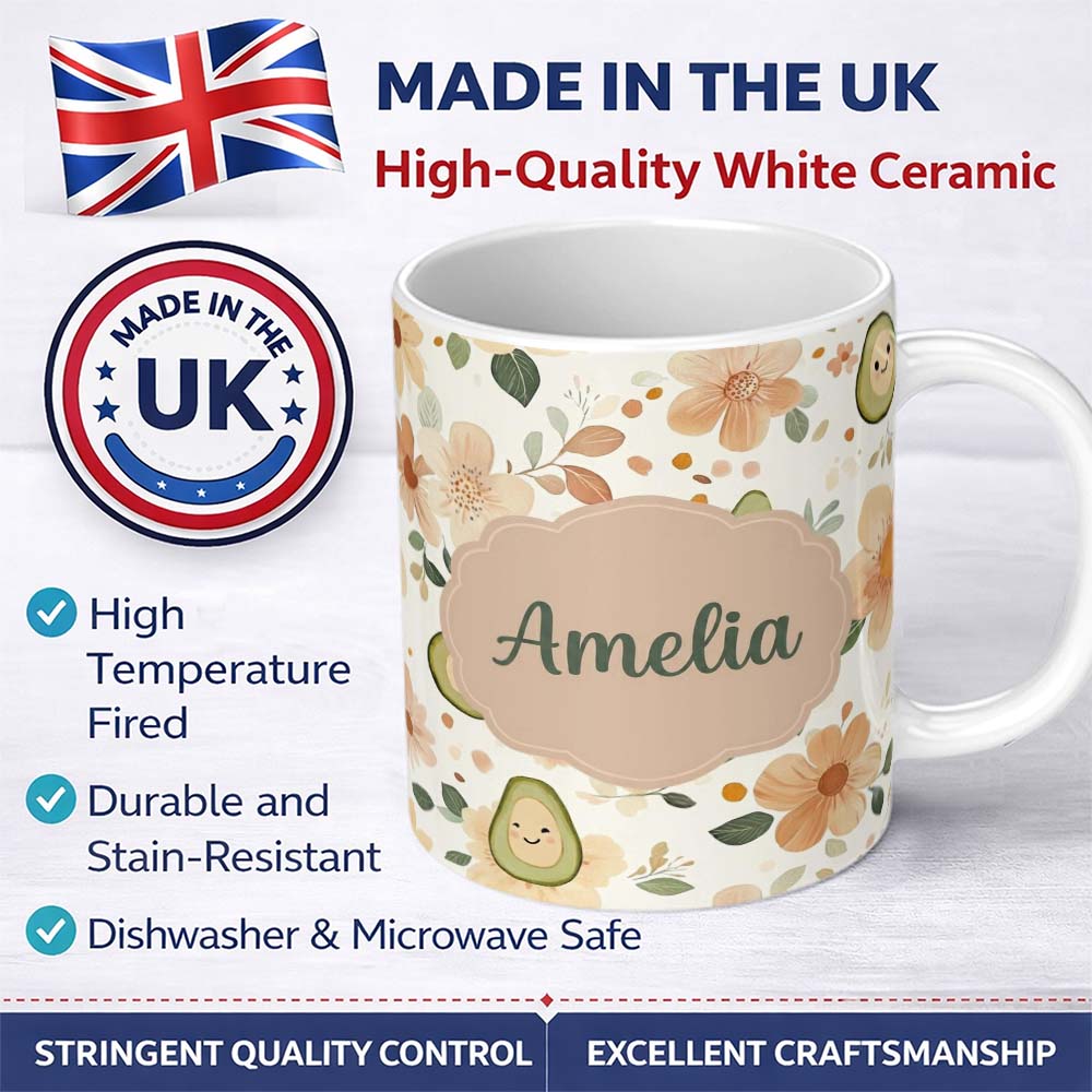 Personalized Custom Name Cute Avocado Floral Pastel Seamless Pattern Custom Name Unique Gift 11oz Ceramic Coffee Tea Mug White Large Handle