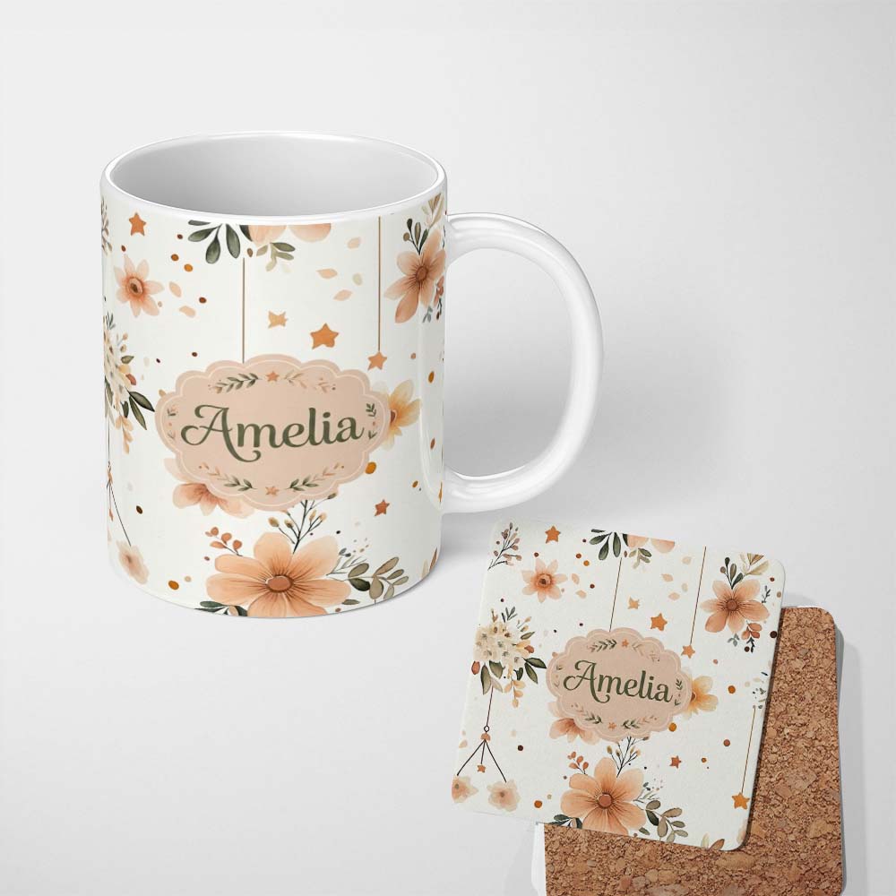 Personalized Custom Name Boho Stars Floral Hanging Elements Seamless Pattern Name Cute 11oz Ceramic Coffee Tea Mug White Large Handle