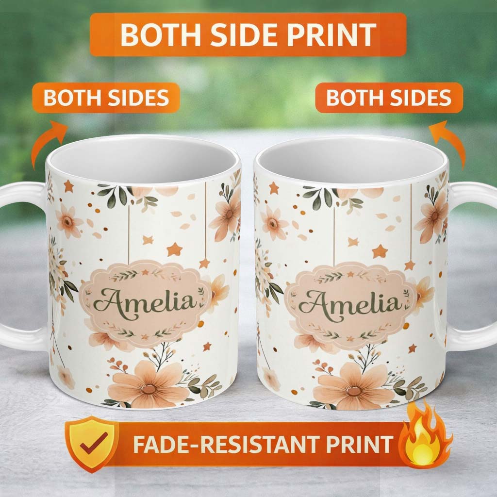 Personalized Custom Name Boho Stars Floral Hanging Elements Seamless Pattern Name Cute 11oz Ceramic Coffee Tea Mug White Large Handle