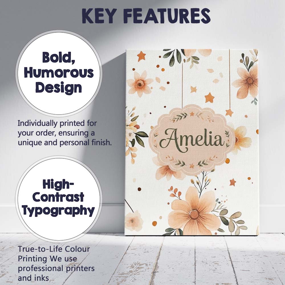 Personalised Name Boho Stars Floral Hanging Custom  Bespoke Interior Contemporary Canvas Wall Art Print Decor Picture Ready to Hang